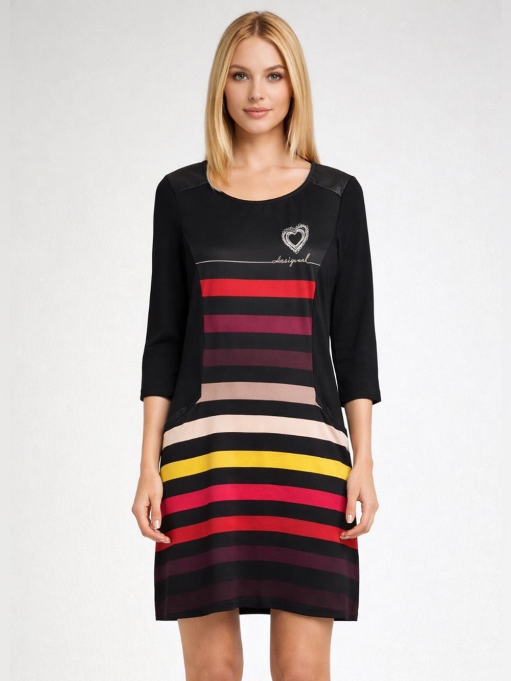 Desigual Black Long-Sleeve Striped Shift Dress with Multicolor Bands